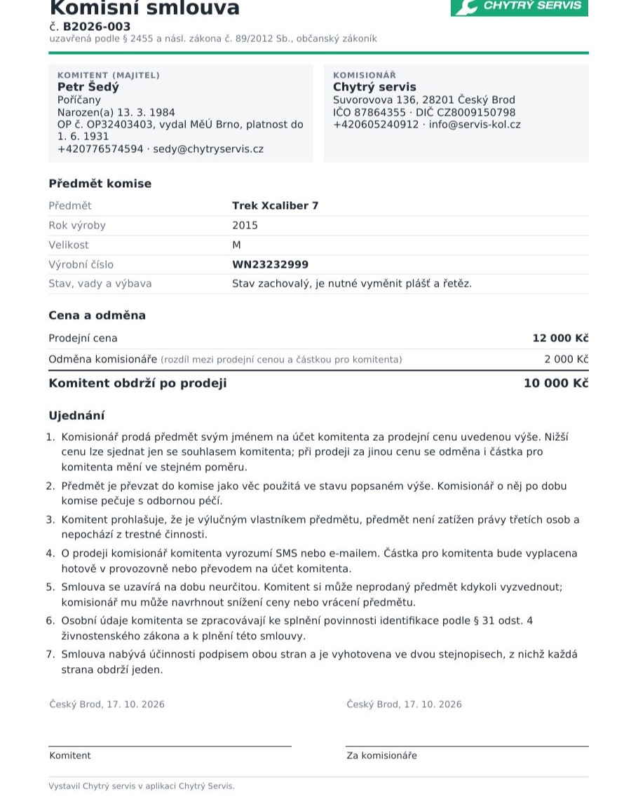 Komisní smlouva z Chytrého Servisu