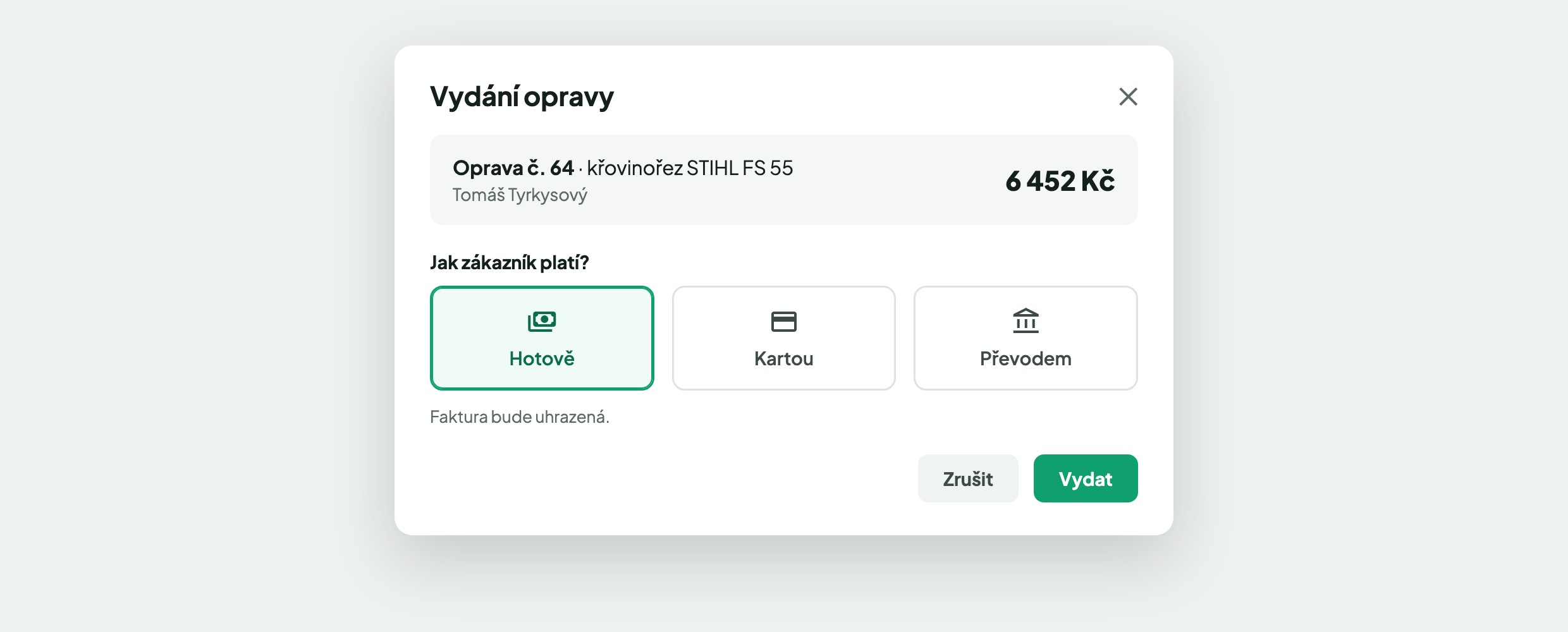 Vydání opravy — výběr platby