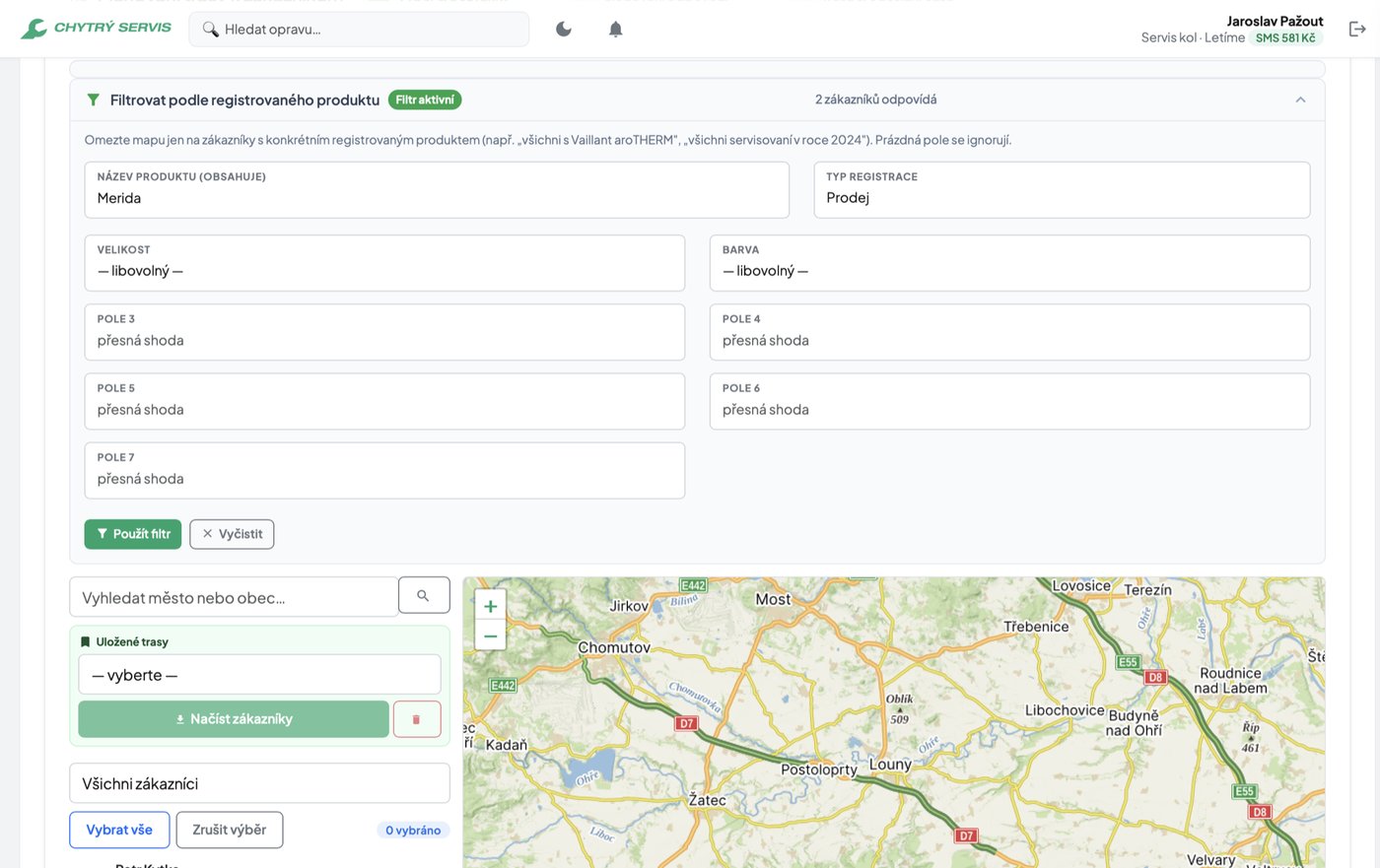 Filtr podle registrovaného produktu nad mapou zákazníků