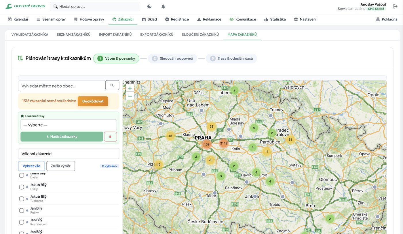 Krok 1 — výběr zákazníků v okolí na mapě s levým sidebarem se seznamem