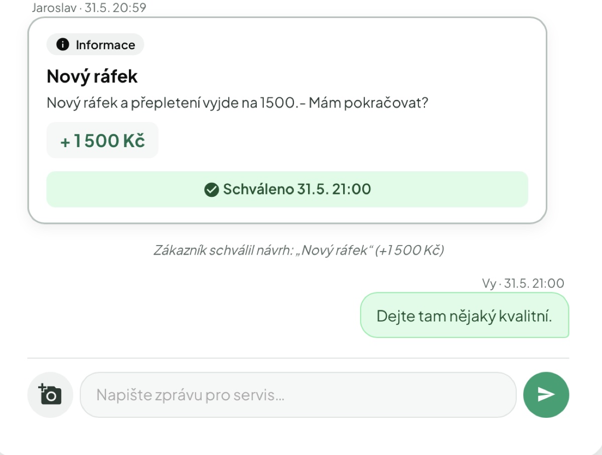 Zákazník vidí návrh a tlačítka schválit/zamítnout