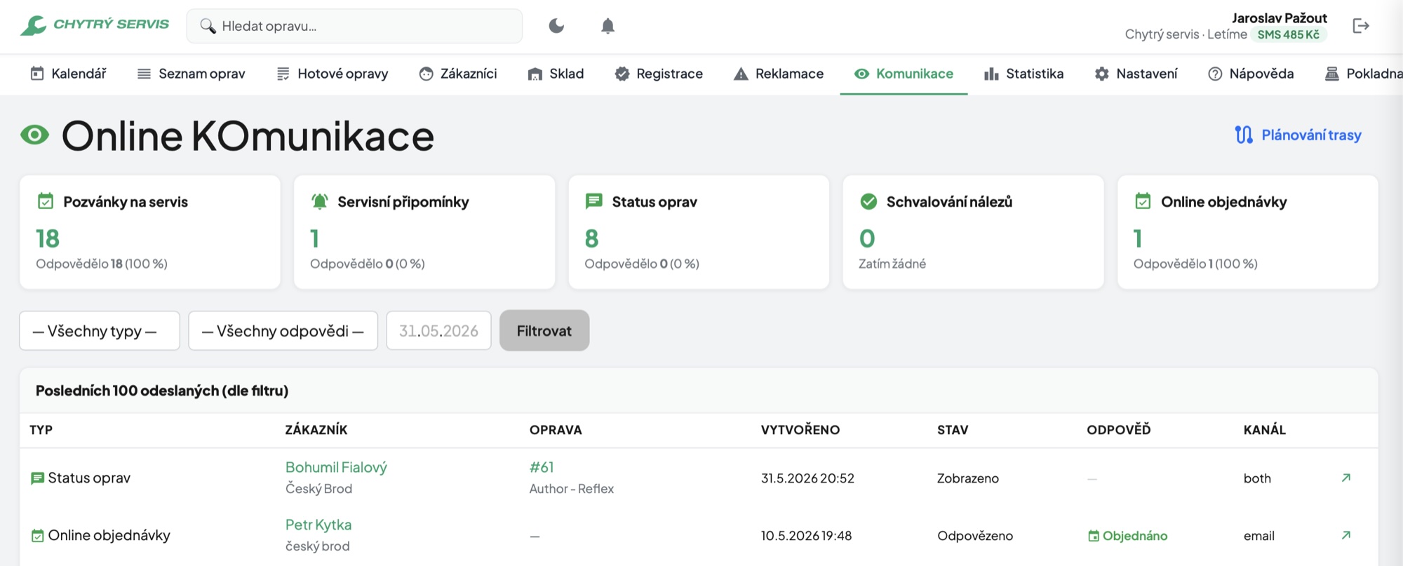 Celá komunikace na jednom místě v detailu opravy