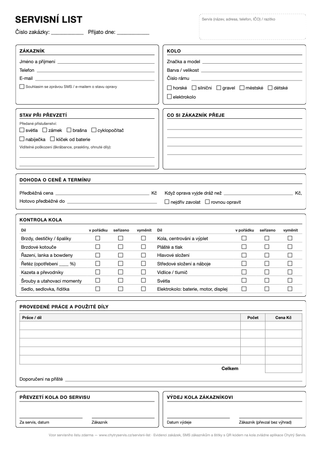 Vzor servisního listu pro cykloservis — náhled PDF na A4